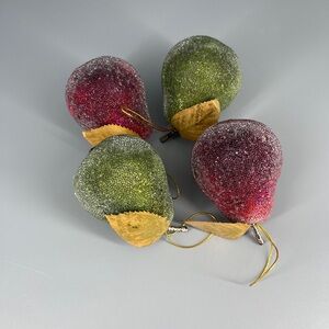 4 Sugar Beaded Frosted Faux Fruit Christmas Ornaments - Pears Green & Red